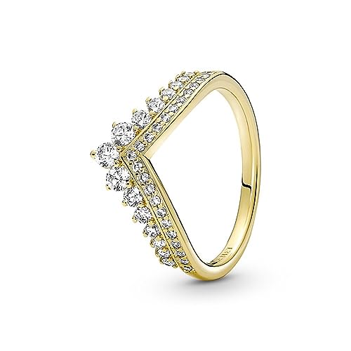 Timeless Anillo con diseño de tiara de hueso de la suerte chapado en oro de 14 quilates con circonitas cúbicas transparentes, talla 56