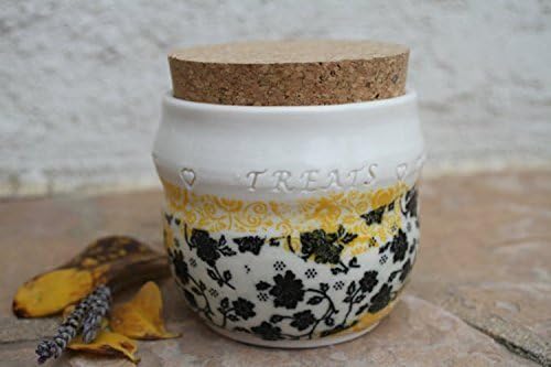 White Black and Yellow Treat Jar, Handmade Art Pottery Food or Candy Container