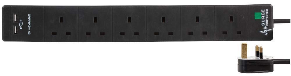 pro elec PEL001176 Way 2 USB Surge Protected Extension Lead,2m,Black with usb sockets