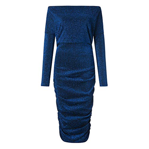 Mlide Off The Shoulder Slim Hip Sequin Dress,Women Sparkly Long Sleeve Evening Party Club Ruched Bodycon Dress (Dark Blue,Small)
