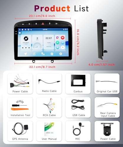 【4+64G】 Hodozzy Carplay Car Radio for Peugeot 308/408 2007-2015, 9 Inch In-Cell Screen Android Car Radio with Bluetooth 5.0/Android Auto/WiFi/GPS/RDS/FM/USB/DSP+Reversing Camera