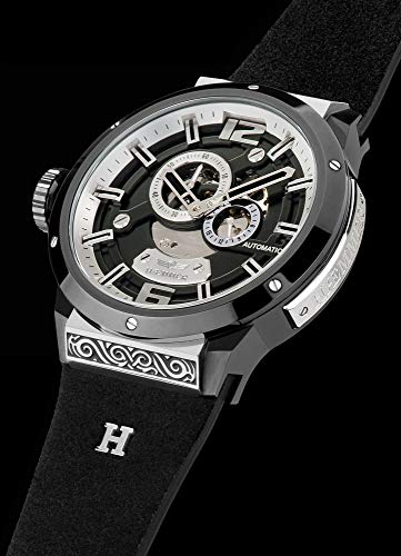HMMER-Teriffic-Herrenuhr-aus-Edelstahl-Automatikuhr-mit-schwarzem-Armband-aus-Kalb-Nubukleder-Gebrstetes-Bicolour-Edelstahlgehuse-Kratzfestes-Saphirglas