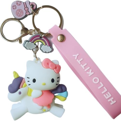 Xerial Cute Pink Cat and Unicorn Keychain, Kawaii Rainbow Wristlet