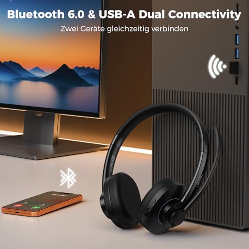 TECKNET V6.0 Bluetooth Headset with Microphone, Wireless Headset with AI Noise Cancelling Bluetooth Wireless Headphones PC On Ear with USB-C Receiver Office/Trucker/Call Centre - 50+ Hours Battery