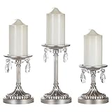 Amalfi Décor Victoria 3-Piece Antique Silver Pillar Candle Holder Set, Crystal-Draped Metal Candlestick Accent Stand