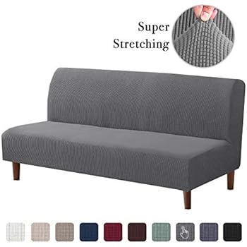 High Stretch Rich Jacquard 1-Piece Futon Cover Stretch Armless Sofa Slipcover Skid Resistant Furniture Protector Without Armrests Slipcover Stretch Sofa Cover (Futon, Charcoal Gray)