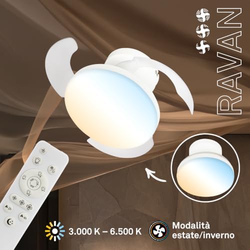 - Ventilatore da soffitto con luce LED, telecomando, motore DC silenzioso con 3 velocità, CCT e luminosità regolabile, pale retrattili, lampadario ventilatore da soffitto, 44 cm, bianco