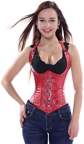 Rosfajiama Women's Faux Leather Steel Boned Buckles Halter Neck Underbust Corset