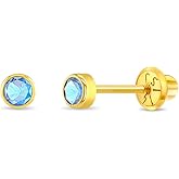 In Season Jewelry Bezel Simulated Birthstone Kids Earrings - 14k Yellow Gold Earrings for Girls with Secure Screw Backs - Safe & Comfortable for Kids & Little Girls
