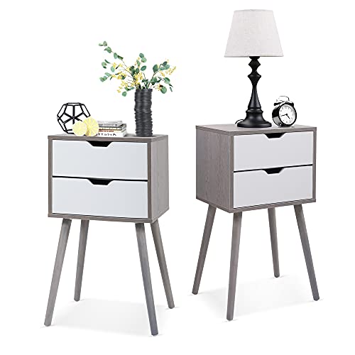 Set of 2 Wooden Nightstand with Storage Drawer & Solid Wood Leg, Modern