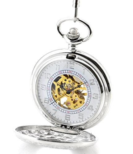 Infinite U Silver Dual Time Display Hollow Skeleton Steel Mechanical Movement Pocket Watch