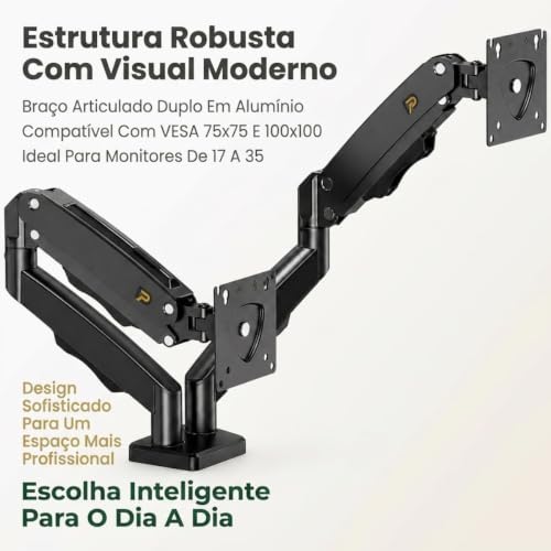 Suporte Duplo para Monitor com Pistão a Gás JadeVic – Braço Articulado para 2 Monitores de 10 até 29 Polegadas com Rotação 360° - JadeVic