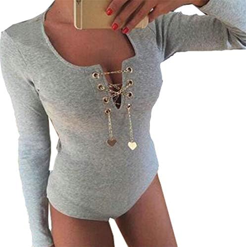 Blyent Womens Deep V Romper Bodysuit Solid Long Sleeve Skinny Chains Triangle Playsuit Lace up Jumpsuits