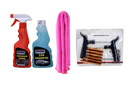 INDOPOWER KG633-DASHBOARD Shiner Spray 250ml+ CAR Shampoo 250ml+ 1PC CAR Microfiber Cloth Pink+ Tubelass Smart Panchar Kit.