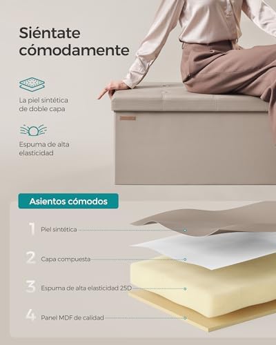 Puff Almacenaje, Baúl de Almacenaje Plegable, 38 x 110 x 38 cm, Taburete Reposapiés, Banco de Cubo, Soporta hasta 300 kg, para Sala de Estar, Dormitorio, Entrada, Marrón Camello LSF070K03