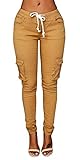 Pxmoda Womens Casual Stretch Drawstring Skinny Pants Cargo Jogger Pants (3XL, Yellow)
