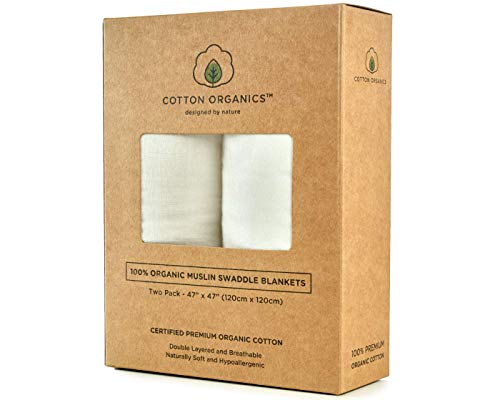 Cotton Organics Muslin Swaddle Blankets - Extra Soft and Hypoallergenic Organic Cotton - Pack of 2