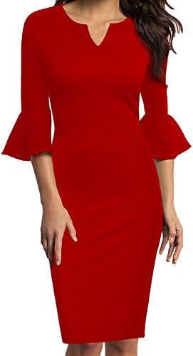 WOOSUNZE Womens Flounce Bell Sleeve Office Work Casual Pencil Dress