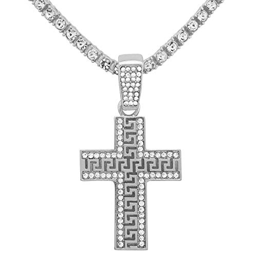 White Gold-Tone Hip Hop Bling Iced Out Greek Pattern Cross Pendant with 16" Tennis Chain and 24" Rope Chain