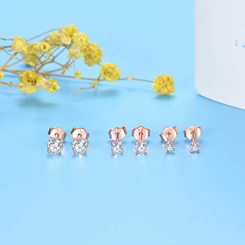Sterling Silver Stud Earrings for Women Girls- 3 Pairs Tiny Ball Stud Earrings Round CZ Cubic Zirconia Earrings Set Cartilage Small Tragus Earrings(2mm,3mm,4mm) (CZ earrings(2mm,3mm,4mm)- Rose Gold) - Thumbnail 2