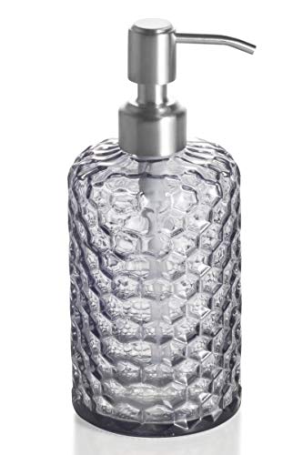 Easy-Tang 16 Oz Grey Glass Soap Dispenser - Refillable Wash Hand Liquid, Dish Detergent, Shampoo Lotion Bottle with Brushed Nickel Pump Holder, Ideal for Bathroom Countertop, Kitchen, Laundry Room