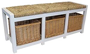 Home-ever Banco de Madera Blanco de 3 plazas con cestas de Mimbre y