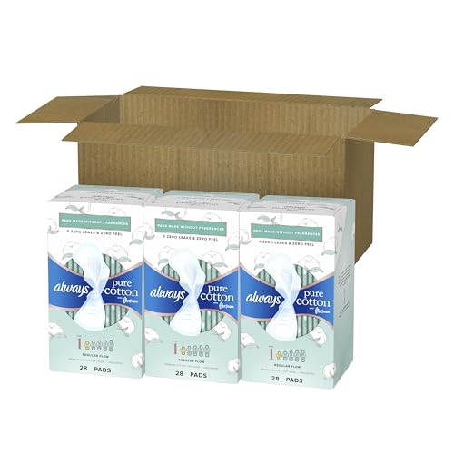 ALWAYS PURE COTTON FEMININE PADS FOR WOMEN, FLEXFOAM PADS WITH WINGS, 28 COUNT