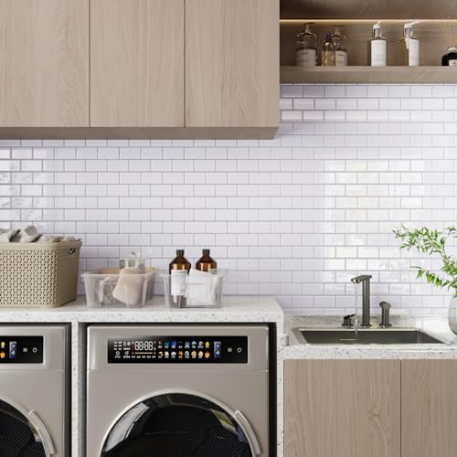 CRE8TIVE Peel and Stick Tile Backsplash 12x12 Inch - PU Gel Surface Ceramic Look Subway Tile, Self-Adhesive Removable PVC Tiles for Kitchen Backsplash, Bathroom, Laundry Room (4-Pack, Pure White)