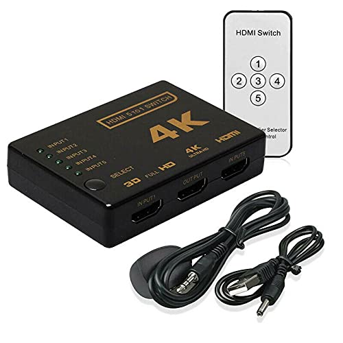 Multibao 5 In 1 Out HDMI Switch with Remote - 4K 3D 1080P Plug & Play HDMI Switcher for PS4, Xbox, DVD Player, HDTV, Computer, Laptop, Projector