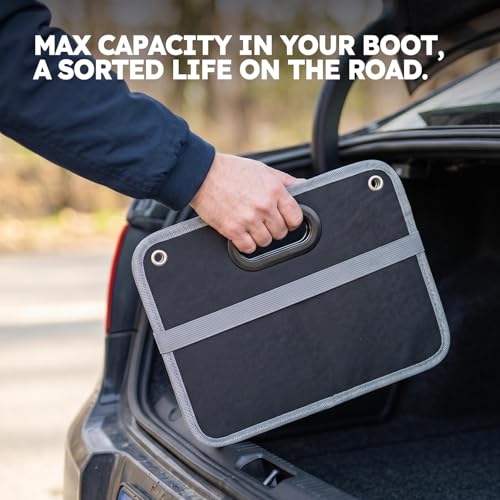 Maxtonne Car Boot Organiser, Heavy-Duty 600D Oxford Collapsible Storage Box with 3- Compartments & Securing Straps, Foldable Tidy for SUV/Hatchback/Estate Car (50L)