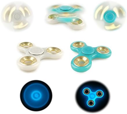 Dephia Glow in the Dark Fidget Spinners - 2 Pack Blue &amp; White Colors - 10K Plated Gold Rings - EDC Hand tri-Spinner for ADHD Adult, Teenage, and Children