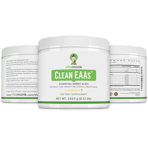VitaMonk Clean EAA - EAAs with No Artificial Sweeteners for Pre-Workout, Energy and Recovery - Max Bioavailable EAA Powder with 9 Essential Amino Acids - Natural Lemonade Flavor