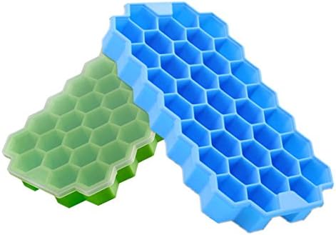 Silicone Ice Cube Tray Molds 2 Pack-74 Cubes Geometric Ice Cube Maker Blue and Green Ice Cube Molds Set
