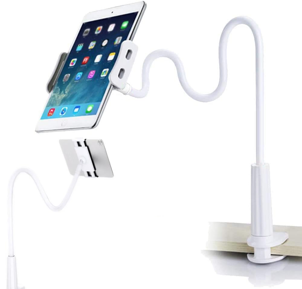 GVEFIVME Gooseneck Tablet Holder, Universal Tablet Stand : 360 Flexible Lazy Arm Holder Clamp Mount Bracket Bed for 4.7~10.5" Pad Air Pro mini,Tablet, Phone, more Devices (White)