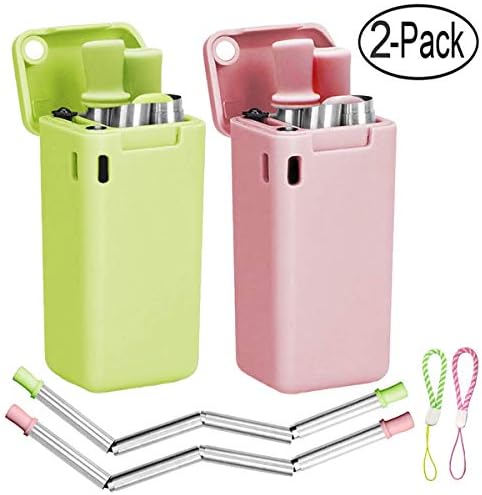 2 Pack Collapsible Straw Reusable Stainless Steel Foldable Drinking Straws Keychain Final Folding Premium Food-grade Portable Set with Hard Case Holder Cleaning Brush (Pink & Green)