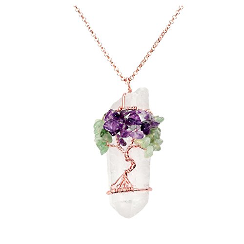 Top Plaza Natural Clear Rock Quartz Healing Crystal Tree Of Life Wire Wrap Tumbled Amethyst Aventurine Pointed Pendant Necklace