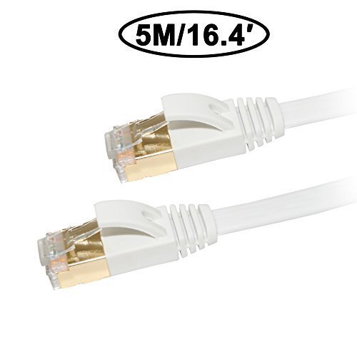 Cat 7 Ethernet Cable 16.4 ft, Dseap Flat Fast 10 Gigabit Shielded (STP) RJ45 LAN Network Patch Cord / Male to Male / Gold Plated, for Computer Switch, Hub, PC, IP Cameras, Modem, Router, (White, 5 M)