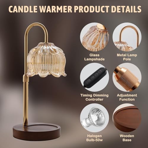 WAMBORY Candle Warmer Lamp with Timer Dimmable, Height Adjustable Electric Candle Warmer Light with 2 Bulbs, Fragrance Wax Melt Warmer Lamp for Gifts, New Home Decor(Candles Not Included)