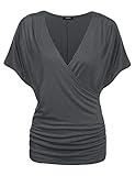 Zeagoo Women's V Neck Short Sleeve Wrap Front Side Shirring Blouse Top (X-Large, Grey)