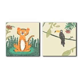 Square Canvas Wall Art of Tiger and Toucan in The Jungle Children Art | 12"x12" x 2 Panels