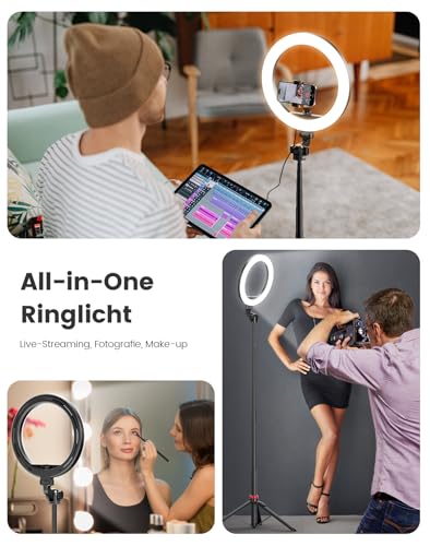 10.2 Inch Dimmable Ring Light with 75 Inch High Aluminium Tripod, Flicker-Free LED Makeup Light/Cold Shoe Quick Mount Holder, Ring Light for Mobile Phone, TikTok/Live Stream, Video Recording
