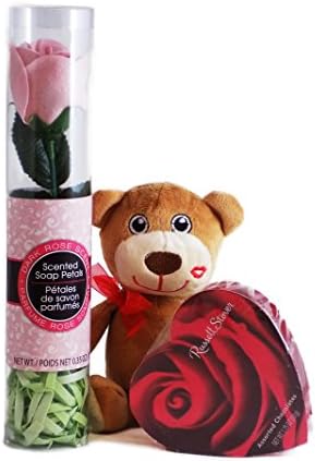 Teddy Bear Gift with Chocolates and Scented Rose Soap Petals