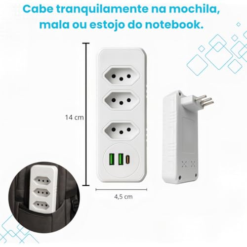 Extensão Tomada,Régua Tomadas, Régua de Energia,Adaptador Tomadaa,Filtro de Linha,Adptador, 3 Tomadas,2 Interfaces USB,1 Porta USB Tipo-C - Qualidade Super Premium
