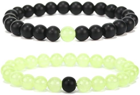 Black Matte Agate & Turquoise His and Hers Bracelets 8mm Sandstone Couple Bracelet Distance Bracelets XIAOLI (Grape Green 2PCS/Set)