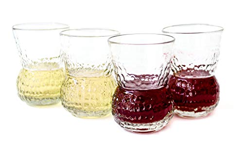Unique Mexican Artisan Hand Blown Golf Like Design Large Drinking Glasses for Red Wine Lovers, Couples Wedding, Hostess Glassware Gift Idea Set of 4 Stem Less Recycled Lead Free Glass Cup 10 Oz