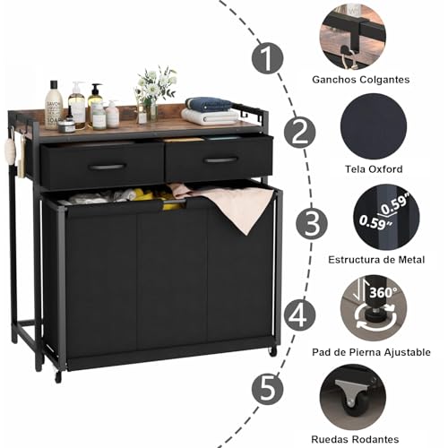 KISFAM Cesto Ropa Sucia con 3 Bolsas Extraíbles con Ruedas, Cestos para la Ropa Sucia para Organización y Almacenamiento con 2 Cajones Extraíbles para Usar en la Lavandería, el Baño o el Dormitorio