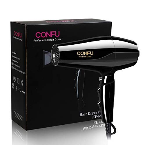 CONFU Professional Hair 1875W Ionic Blow Dryer with AC Motor 2 Speed 3 Heat Settings Cool Shot Button Lightweight Fast Dry with 2 Concentrator, Black