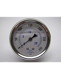 Medidor de presión con relleno líquido, pantalla de dial de 2.5 in, carcasa de acero inoxidable, intermedios de latón, conexión de montaje trasero macho NPT de 0.250 in, PSI y BAR de doble escala, Montura inferior