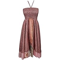 Mogul Interior Womens Summer Halter Dress Recycled Silk Sari Vintage Two Layer Boho KALBELIA Queen Sundress