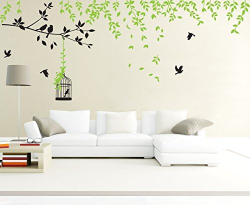 LHKSER Tree Wall Decal/Spring Falling Leaves with Birds- Wall Decal/Branch with Birdcage Nursery Wall Stickers for Living Room/